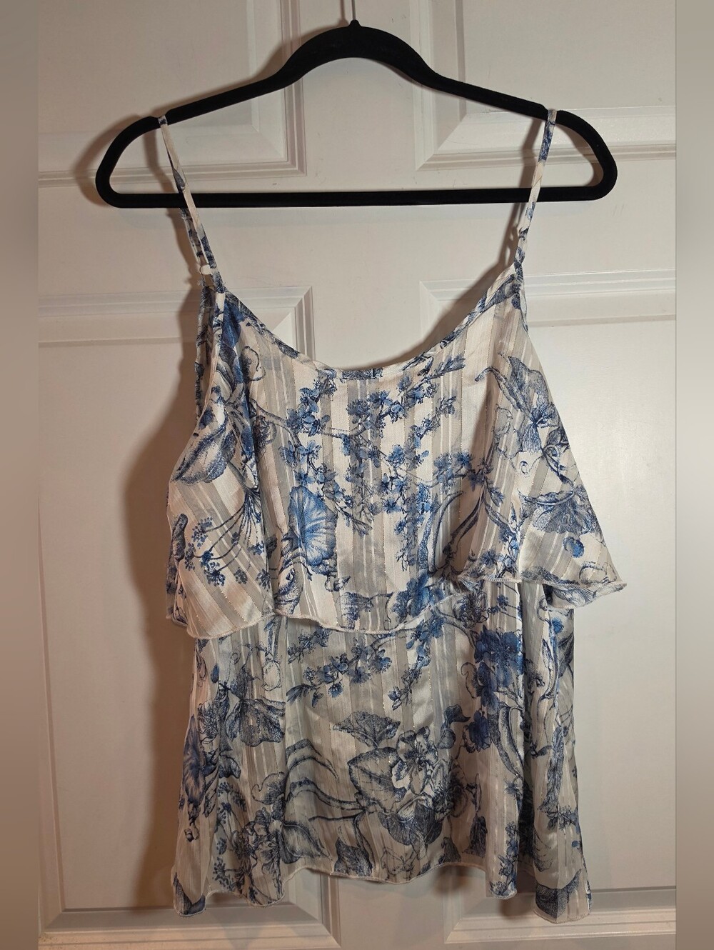 Shein Blue Floral Spaghetti Strap Ruffle Top Sheer 0XL